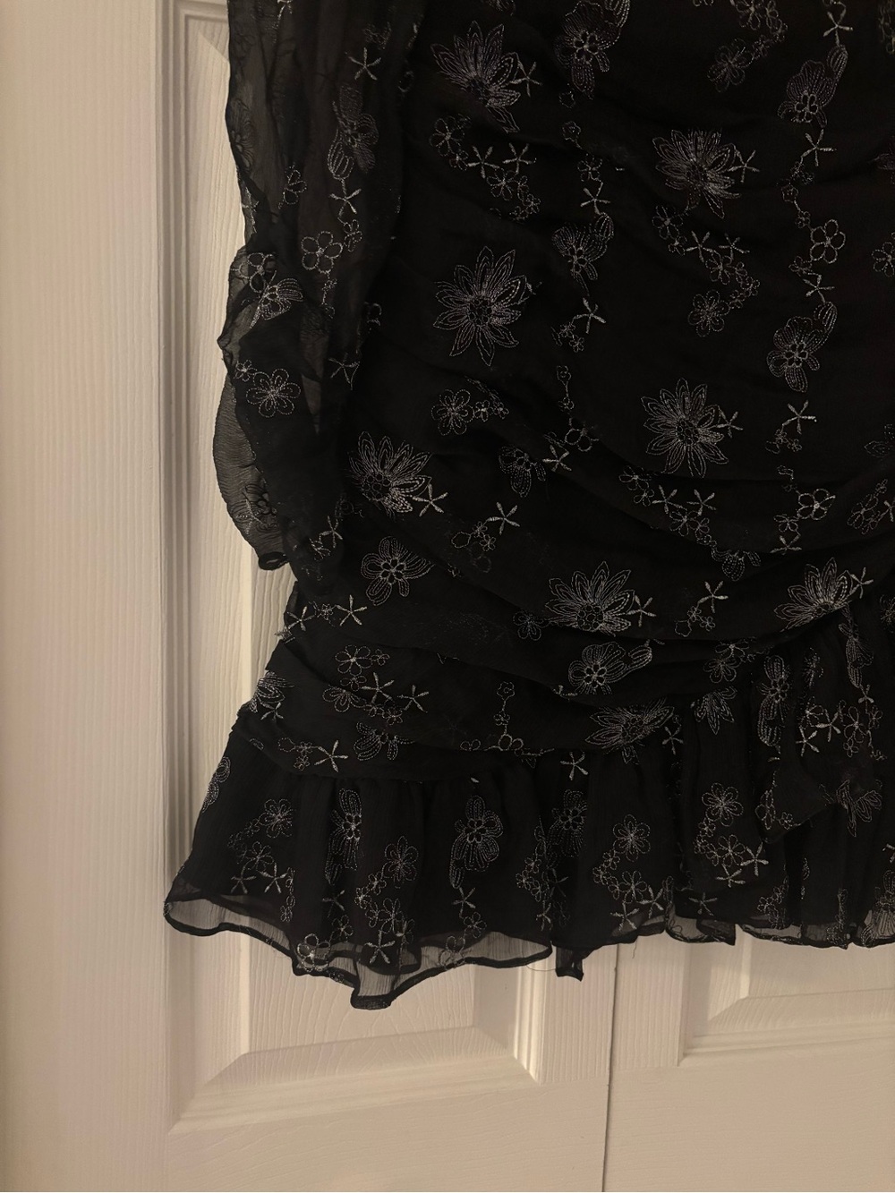 STEVIE MAY Black Long Sleeve Silver Floral Ruffle Ruched Mini Dress - Picture 9 of 15